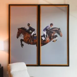 Framed Leaping Equestrian Artwork On Silk Cloth Left - Grey 10 Framed Leaping Equestrian Artwork On Silk Cloth Left - Grey -Scout Design Studio FramedLeapingEquestrianArtworkonSilkClothLeft Grey.06