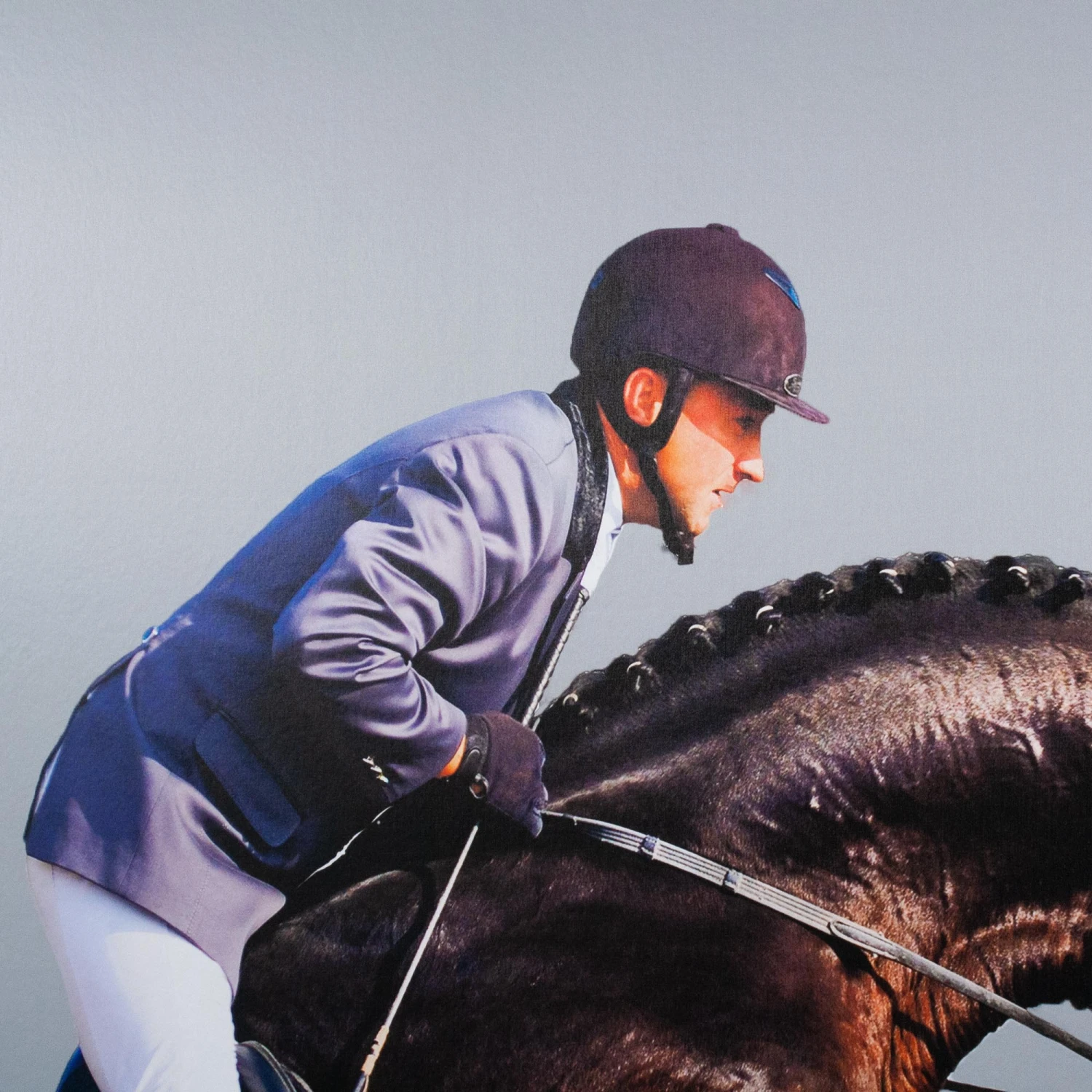 Framed Leaping Equestrian Artwork On Silk Cloth Right - Grey 3 Framed Leaping Equestrian Artwork On Silk Cloth Right - Grey - Image 3