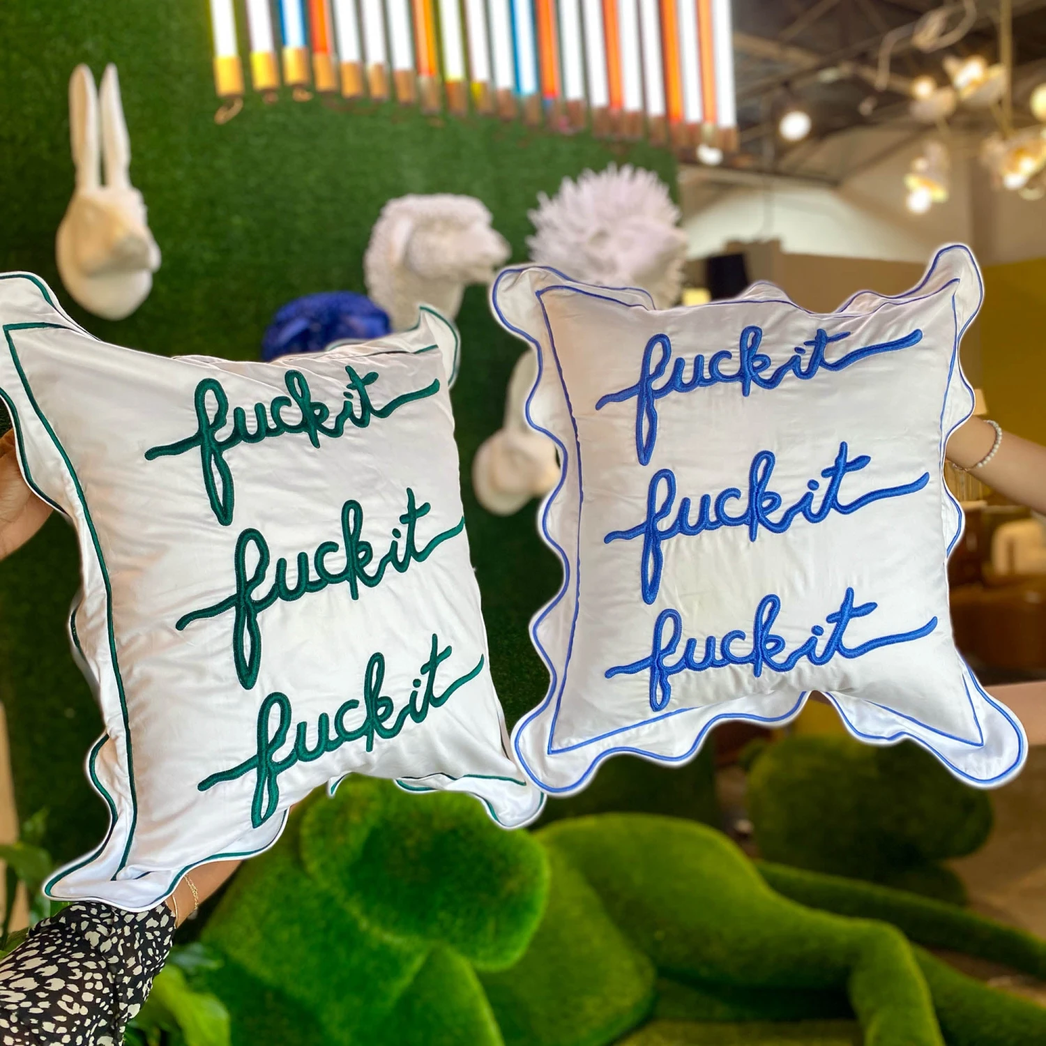 Fuck It Large Scallop Pillow Cover - Emerald 3 Fuck It Large Scallop Pillow Cover - Emerald - Image 3